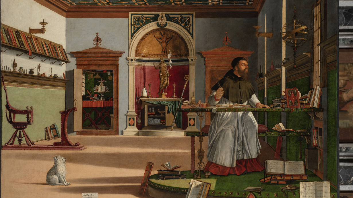 Renaissance style painting showing a religious figure in a room. A small dog looks up at him while he sit writing on a raised platform, at a desk.