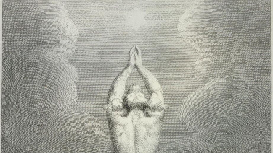 William Blake drawing depicting a male figure with his back to the viewer, hands raised together above his head, facing towards a Star of David and a figure crouched above pyramids in the distance