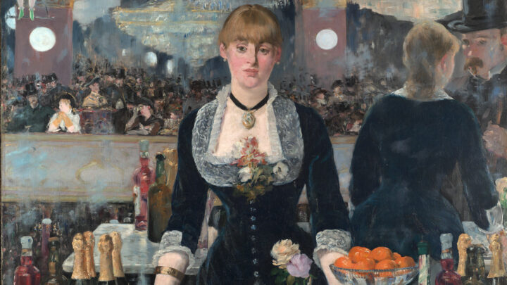 Painting of a woman bartender looking straight ahead