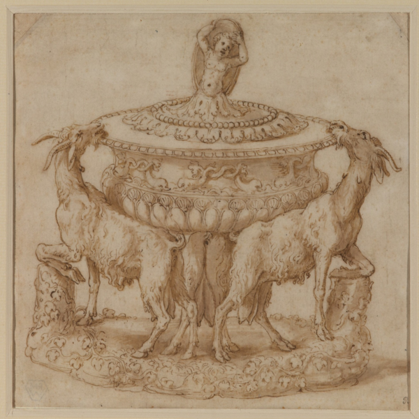 Drawing on sepia tone paper of an ornamental dish or bowl flanked by two deer or goat figures