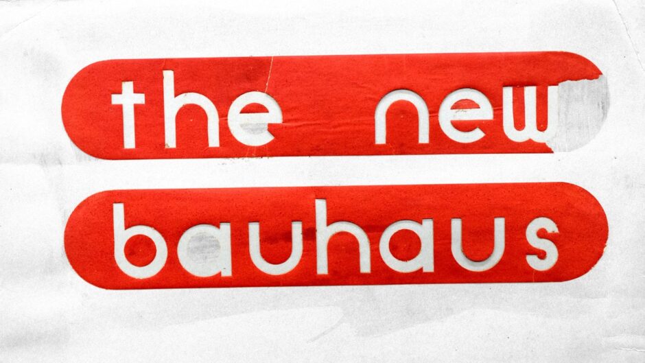Poster with the title 'The New Bauhaus' written in white against red oblongs