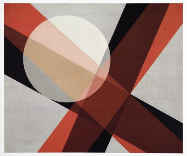 A painting of a large red cross with a black cross intersecting it, and a large white circle in the upper left hand corner.