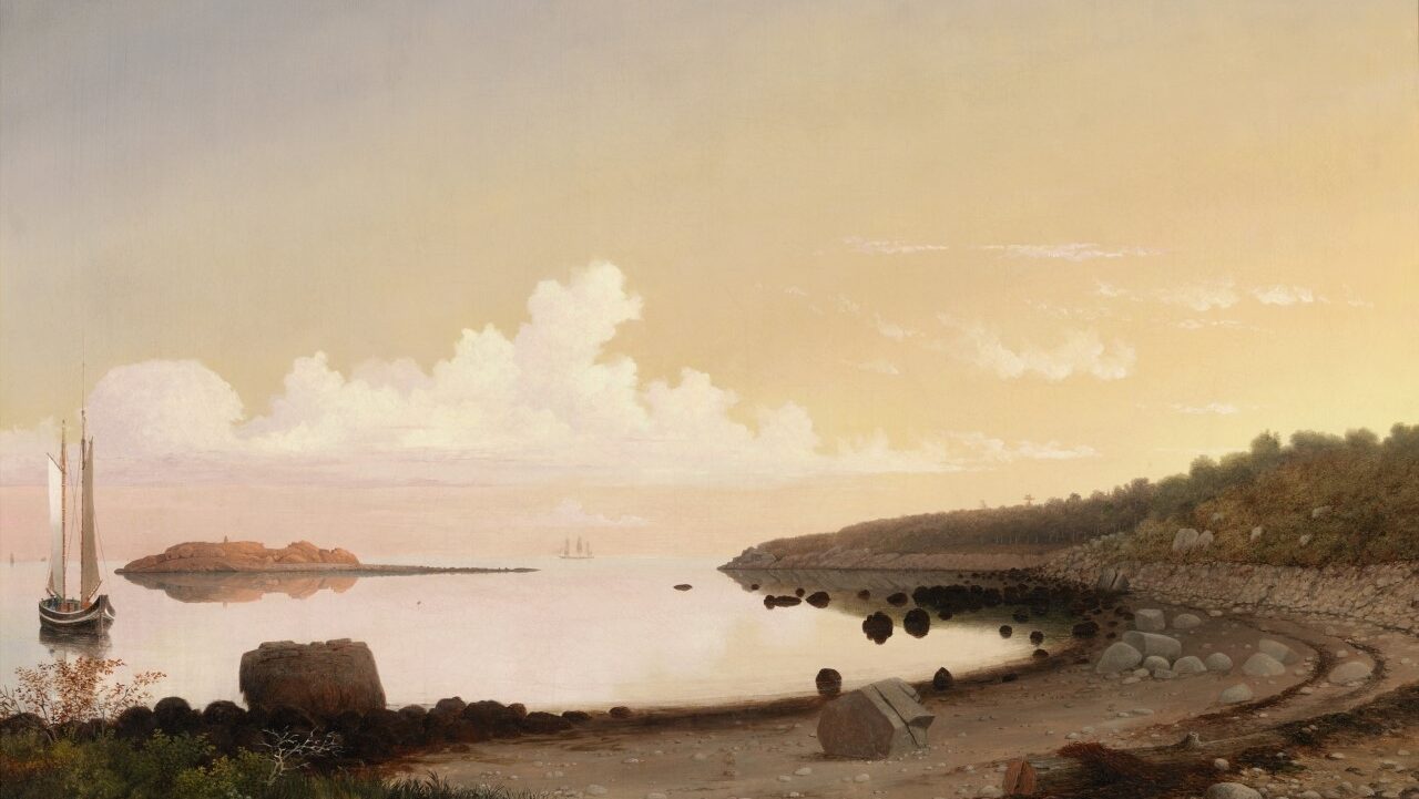 Painting showing a calm cove with a sailing boat on the left hand side. In the distance is a rocky island and there are large white clouds in the sky.