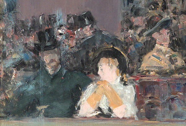 A cropped section of the painting A Bar at the Folies-Bergère, 1882, featuring a member of the public looking out at the audience seated next to a male.