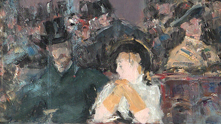 A cropped section of the painting A Bar at the Folies-Bergère, 1882, featuring a member of the public looking out at the audience seated next to a male.