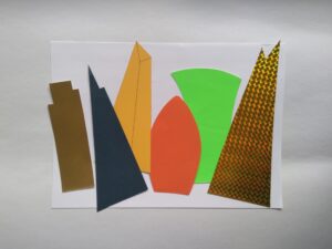 a colorful abstract collage with geometrical shapes on a white background