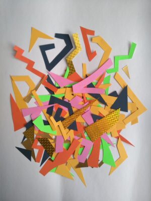 a colorful abstract collage with geometrical shapes on a white background