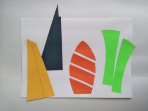 a colorful abstract collage with geometrical shapes on a white background
