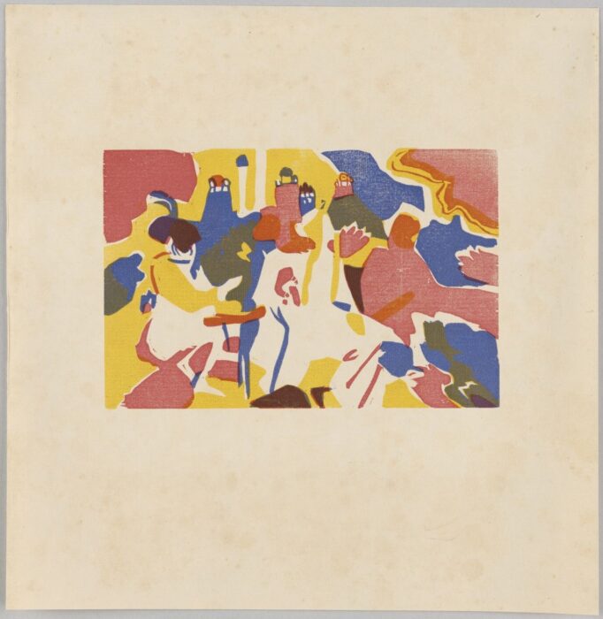 An abstract woodcut in bright colours