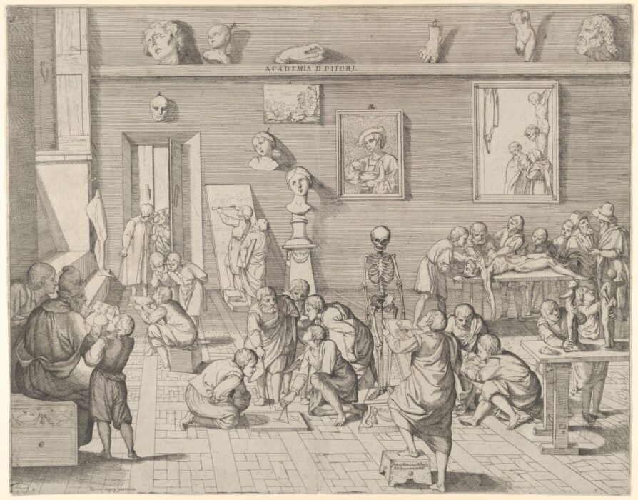 A painting academy in which students are drawing, measuring, attending a dissection and studying artworks.