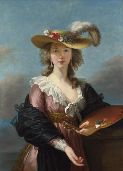 Self-portrait of a woman in a straw hat, holding a palette and paintbrushes.