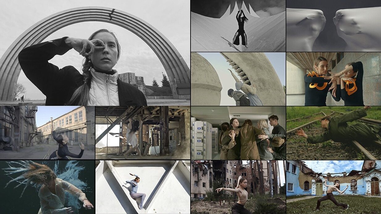 A selection of photographic tiles each showing an individual undertaking a different dance move