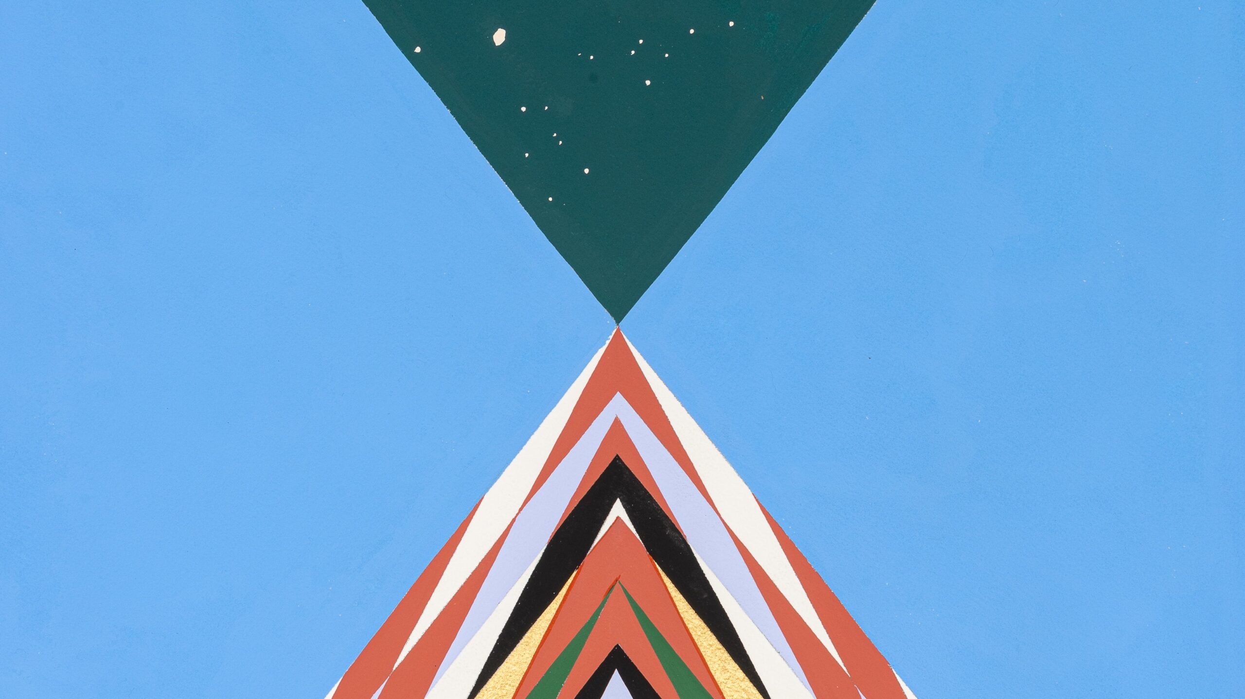 Geometric image of four intersecting triangles. The bottom triangle is made up of lines of different colours and patterns, the left and right triangles are bright blue, and the top triangle is dark green with white flecks giving the impression of a night sky and stars.
