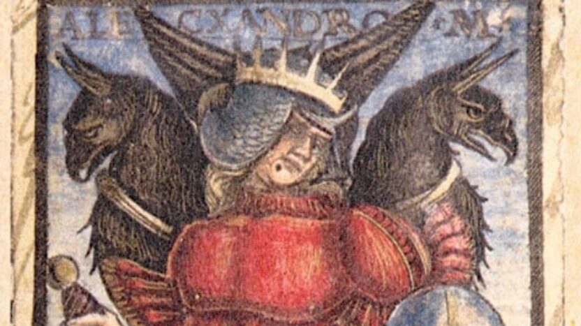 Design for a playing or tarot card depicting a male figure in red armour holding a large red sword.