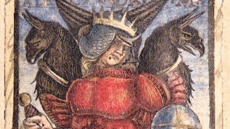 Design for a playing or tarot card depicting a male figure in red armour holding a large red sword.