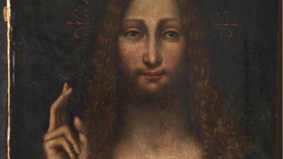 Painting showing a figure with long hair and a beard facing the viewer. In one hand he holds and orb and the other is raised in the sign of a blessing