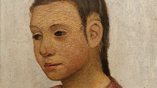 Painting depicting a young girl with dark hair, tied back, wearing a pink top, looking to the bottom left corner of the canvas.