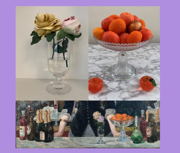Two artwork. Left: ceramic flowers, right a bowl of knitted clementines
