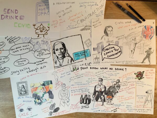 Multiple drawings of responces to Manet's A Bar at the Folies-Bergère