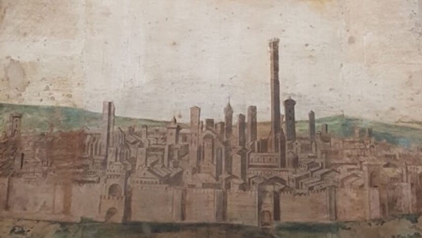 Painting depicting an Italian city above a scroll containing text