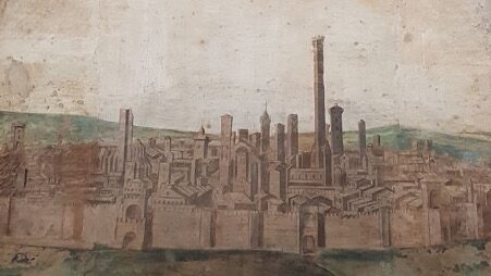 Painting depicting an Italian city above a scroll containing text