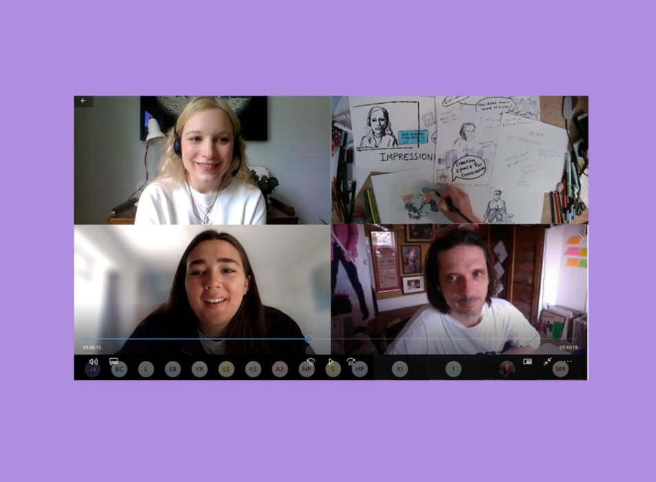 Screen shot of three people talking to each other on a webinar. Purple background.