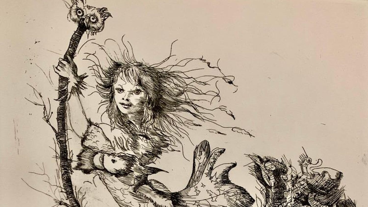 Black and white drawing depicting a witch on a broomstick looking directly at the viewer