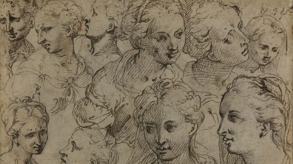 Drawings of several female heads.