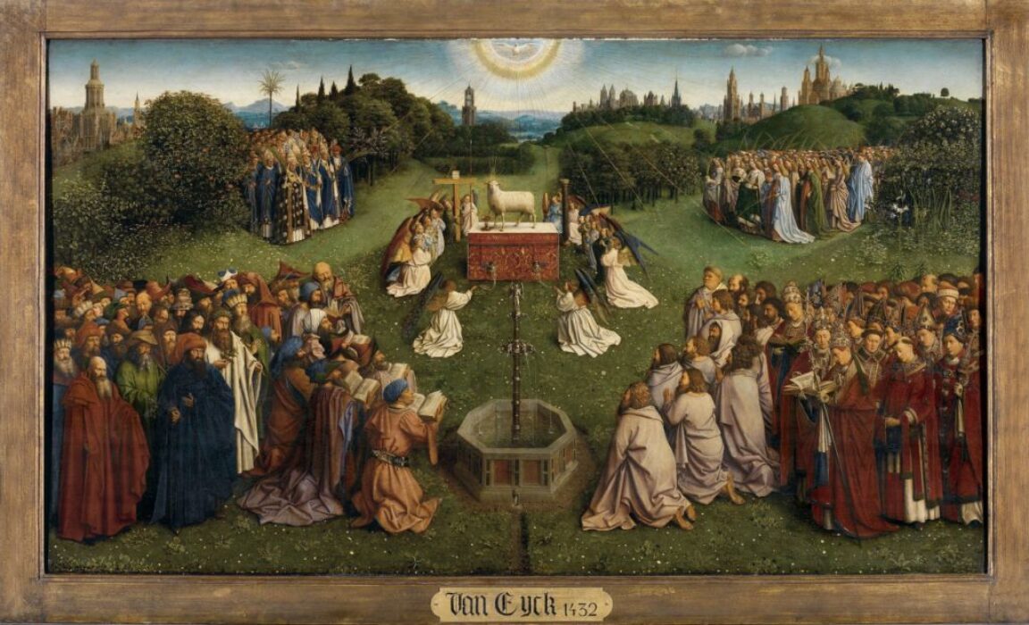 The mystic lamb is venerated in a garden.