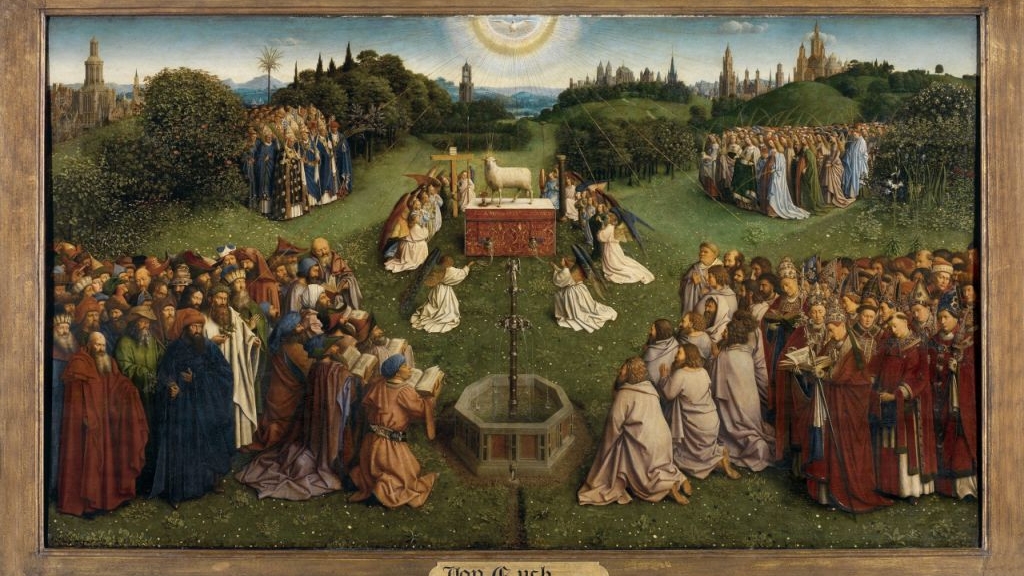 The mystic lamb is venerated in a garden.