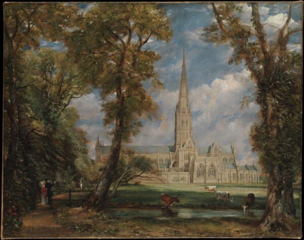 A view of Salisbury Cathedral framed by trees.