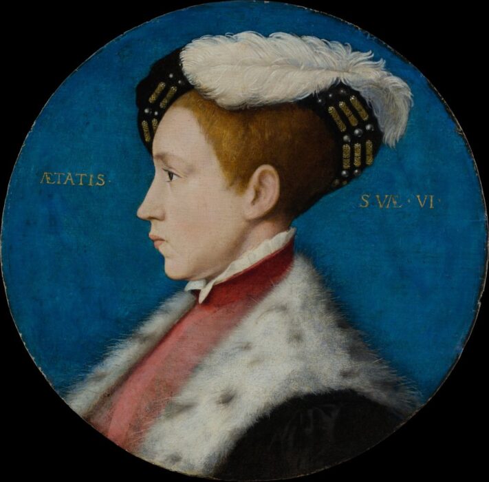 A portrait showing the profile of Edward VI, who wears a hat with a feather and a fur trimmed coat.