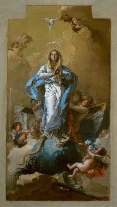 The Virgin, hands clasped in prayer, tramples a serpent with an apple in its mouth. She is surrounded by clouds and angels.