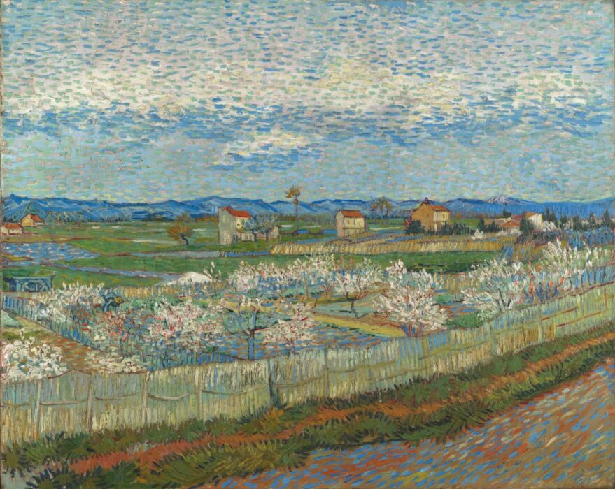 A road winds along a field with peach trees. A small village can be seen in the background.