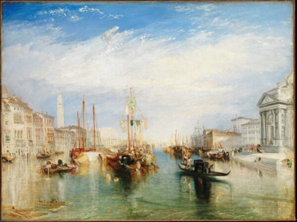 A vibrant harbour scene, showing a Venetian port filled with ships.