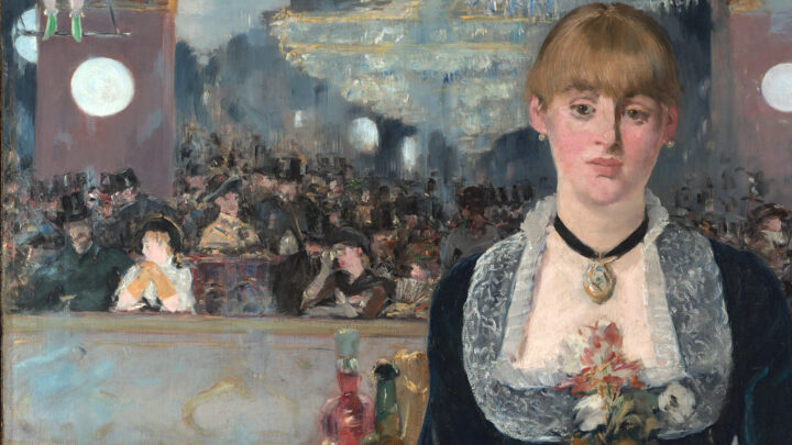 Painting of a woman bartender looking straight ahead