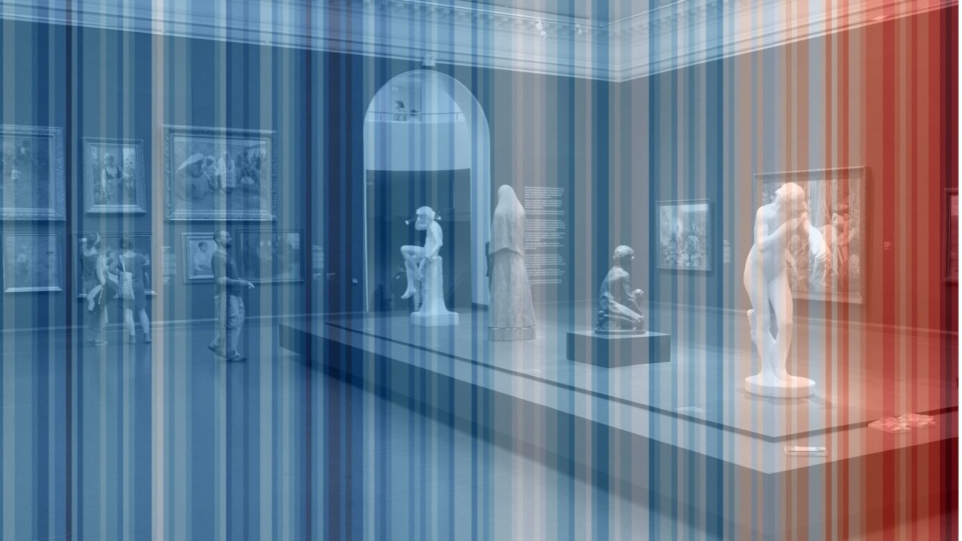 Photograph of a gallery containing classical sculptures overlaid with a series of vertical lines varying from red to blue.