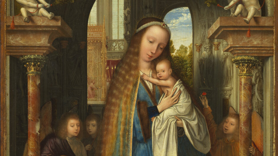 The Virgin, holding the Christ Child and flanked by angels, stands in a church.