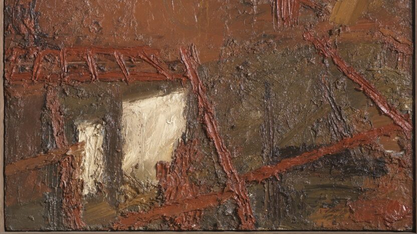 The painting offers a disorienting scene of partially constructed floor levels, jutting beams and extremes of light and dark. Auerbach’s use of red throughout the work gives fiery intensity to the painting, as if we are witness to an intense, almost hellish, vision.