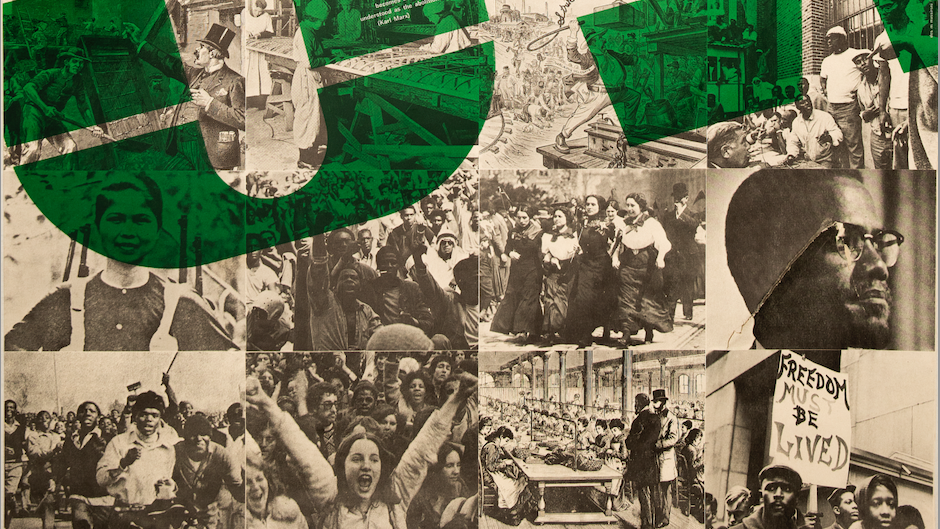 Poster made up of small black and white photographs of people, overlaid with the words 'Zerowork' in bold, white text