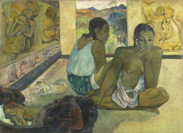 Two females, one crossed legged looking at the viewer, the other behind (clothed) with their back to the viewer. A baby sleeping in the bottom left hand corner.