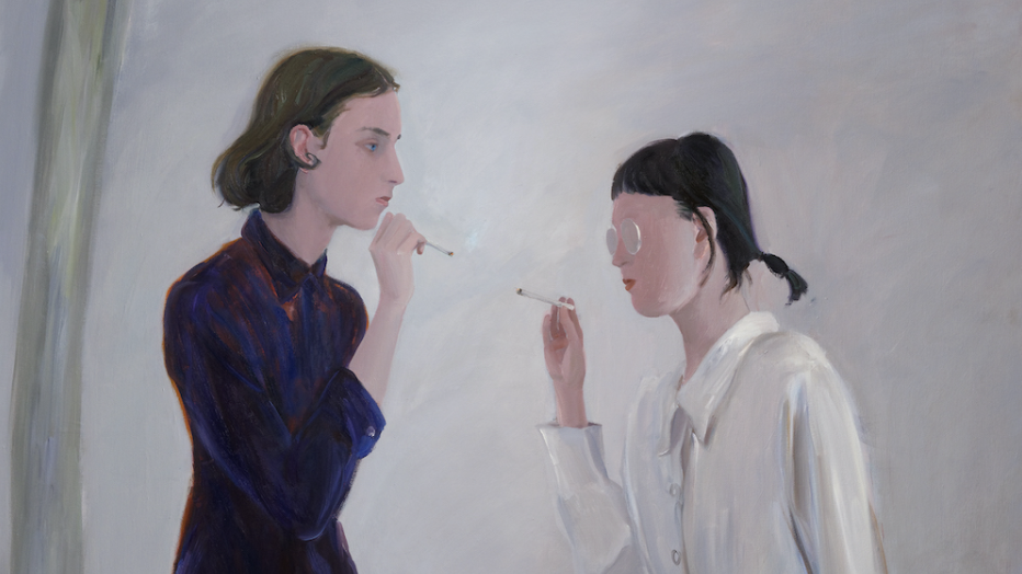 Painting depicting two female figures smoking cigarettes, facing each other