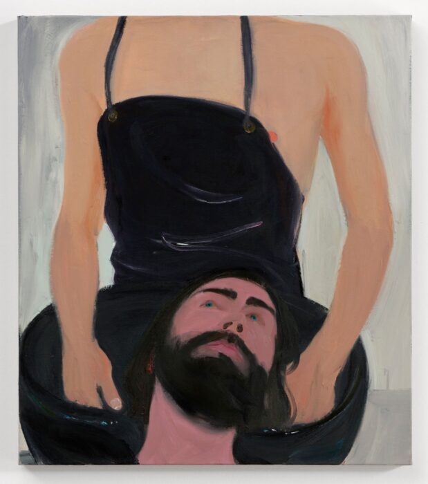 Painting showing a bearded figure having their hair washed by a second figure wearing a black apron, whose head is not visible.