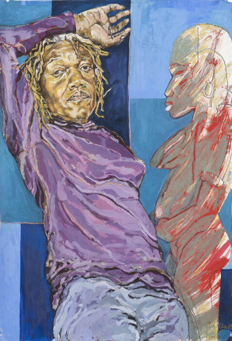 painting of a black person standing near a silouette of a woman