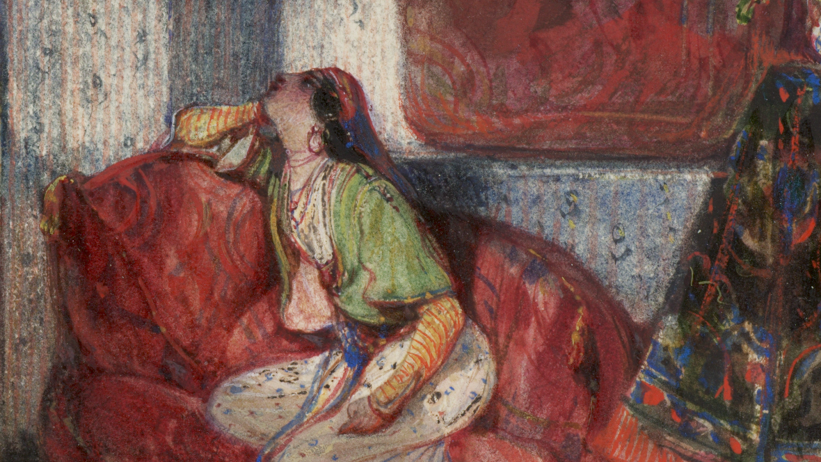 Alexandre-Gabriel Decamps (1803–1860), Odalisque in an interior with a parrot, 1830s. Watercolour and opaque watercolour on wove paper, 13.4 cm x 9.8 cm. © The Courtauld, London (Samuel Courtauld Trust)