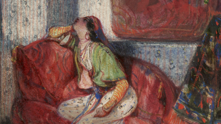 Alexandre-Gabriel Decamps (1803–1860), Odalisque in an interior with a parrot, 1830s. Watercolour and opaque watercolour on wove paper, 13.4 cm x 9.8 cm. © The Courtauld, London (Samuel Courtauld Trust)