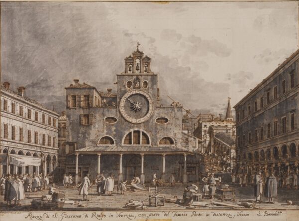 A drawing of the Piazza San Giacomo di Rialto, a large open piazza with a neoclassical structure dominating. It has columns opening to an open section, and many people are milling around in the piazza.