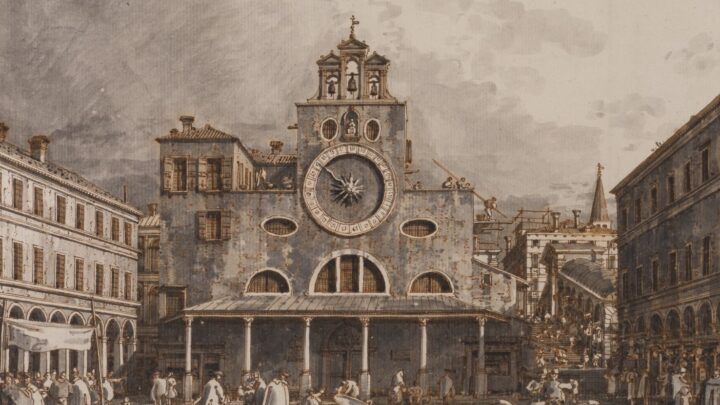 A drawing of the Piazza San Giacomo di Rialto, a large open piazza with a neoclassical structure dominating. It has columns opening to an open section, and many people are milling around in the piazza.