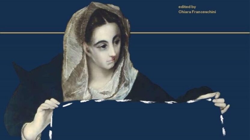 Image of the front cover of a book in which a drawn female figure holds up an empty square of space. The square is demonstrated by a series of white dashes which indicate the space.