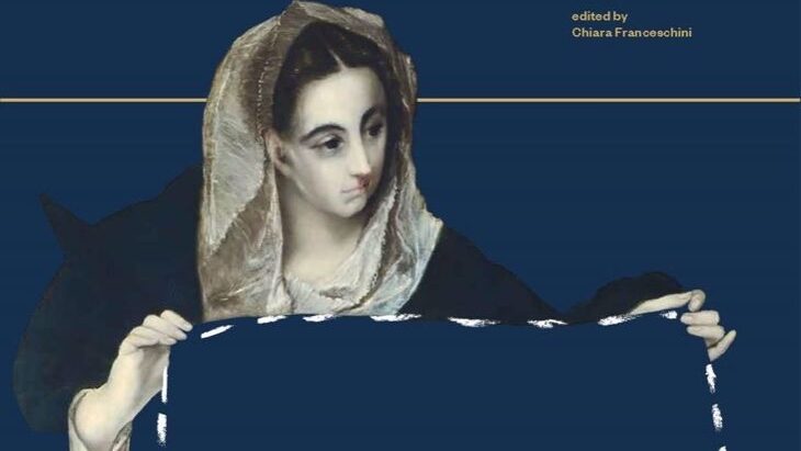 Image of the front cover of a book in which a drawn female figure holds up an empty square of space. The square is demonstrated by a series of white dashes which indicate the space.